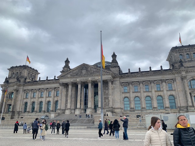 The Reichstag building in Berlin on a cloudy spring day